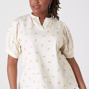Puff-Sleeve Notch-Neck Tee Sunflower Size 34/36 NWOT